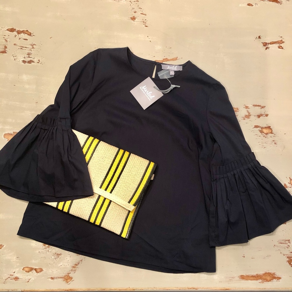 Navy Blue Top with pleated bell sleeves